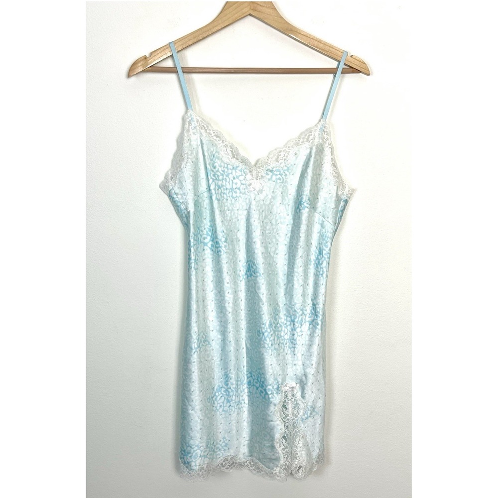 VICTORIA'S SECRET I Do Blue Leopard Satin Lace Chemise Slip Nightgown M